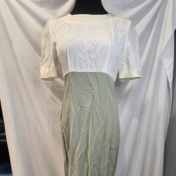Vintage M.H.M Melissa Harper Dress Size Medium Green & Ivory Rayon & Poly - Picture 1 of 16